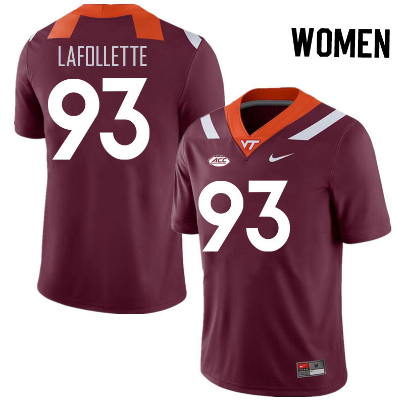 Women #93 Bryce LaFollette Virginia Tech Hokies College Football Jerseys Stitched Sale-Maroon